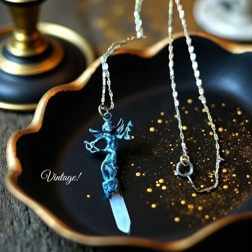 VINTAGE Cupid Smoky Quartz Point Pendant, Gold Chain Necklace VINTAGE INSPIRED